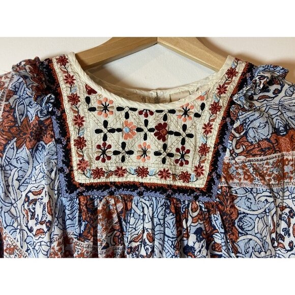 Anthropologie Seen Worn Rest Blouse Shirt Blue Orange Embroidery Medium M - Picture 2 of 5